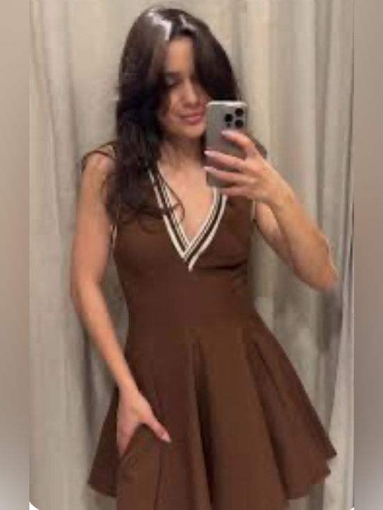 Zara Dresses & Skirts - Zara Brown V-Neck Sleeveless Skater Dress with Contrast Trim sis XS